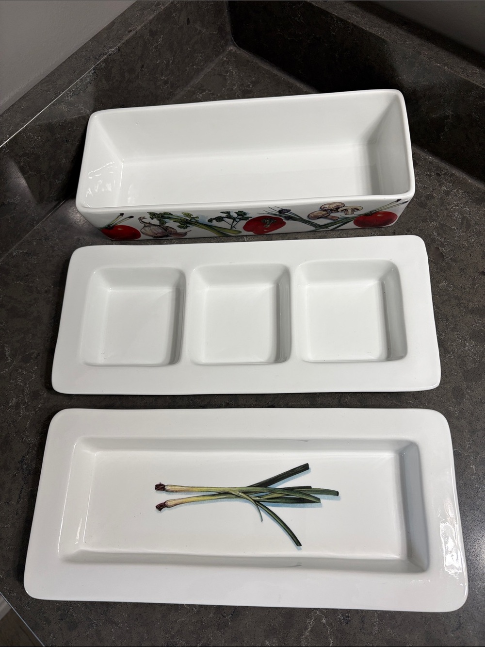 Gourmet Village White Ceramic 3-Piece Serveware Set with Garden Motif